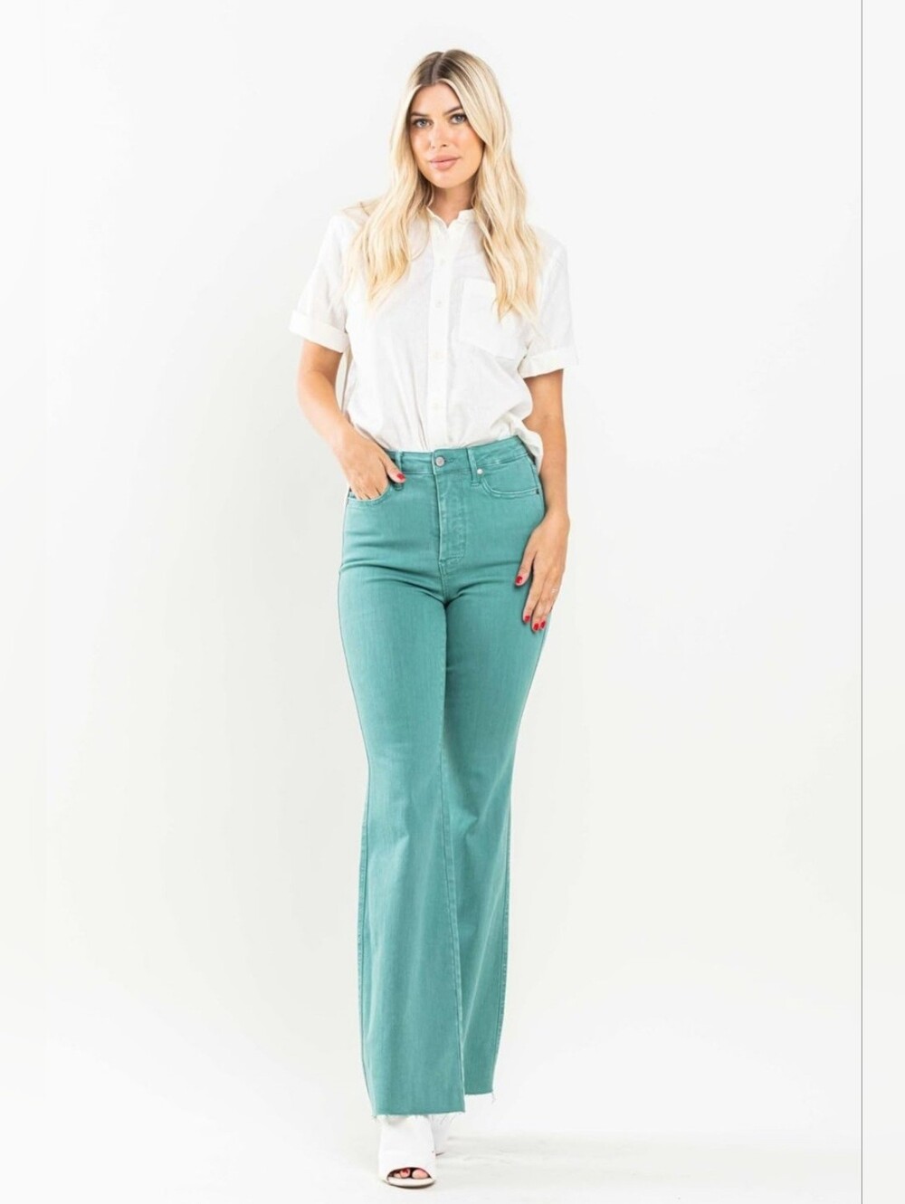 Judy Blue High Rise Garment Dyed Flare Jeans Teal Green Raw Hem Stretch 5/27 NEW - Picture 4 of 12